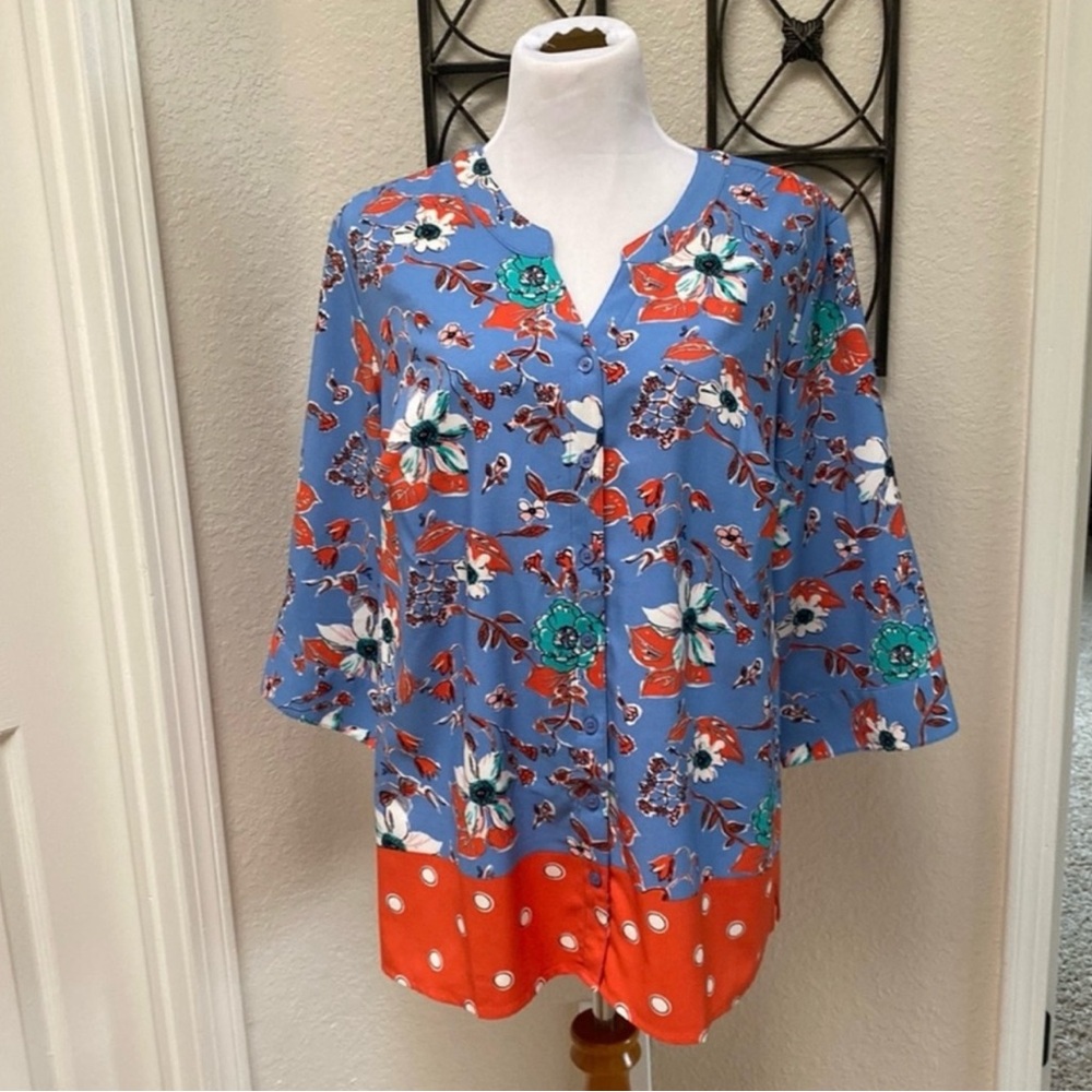 Denim&Co Blue and Orange Floral Blouse